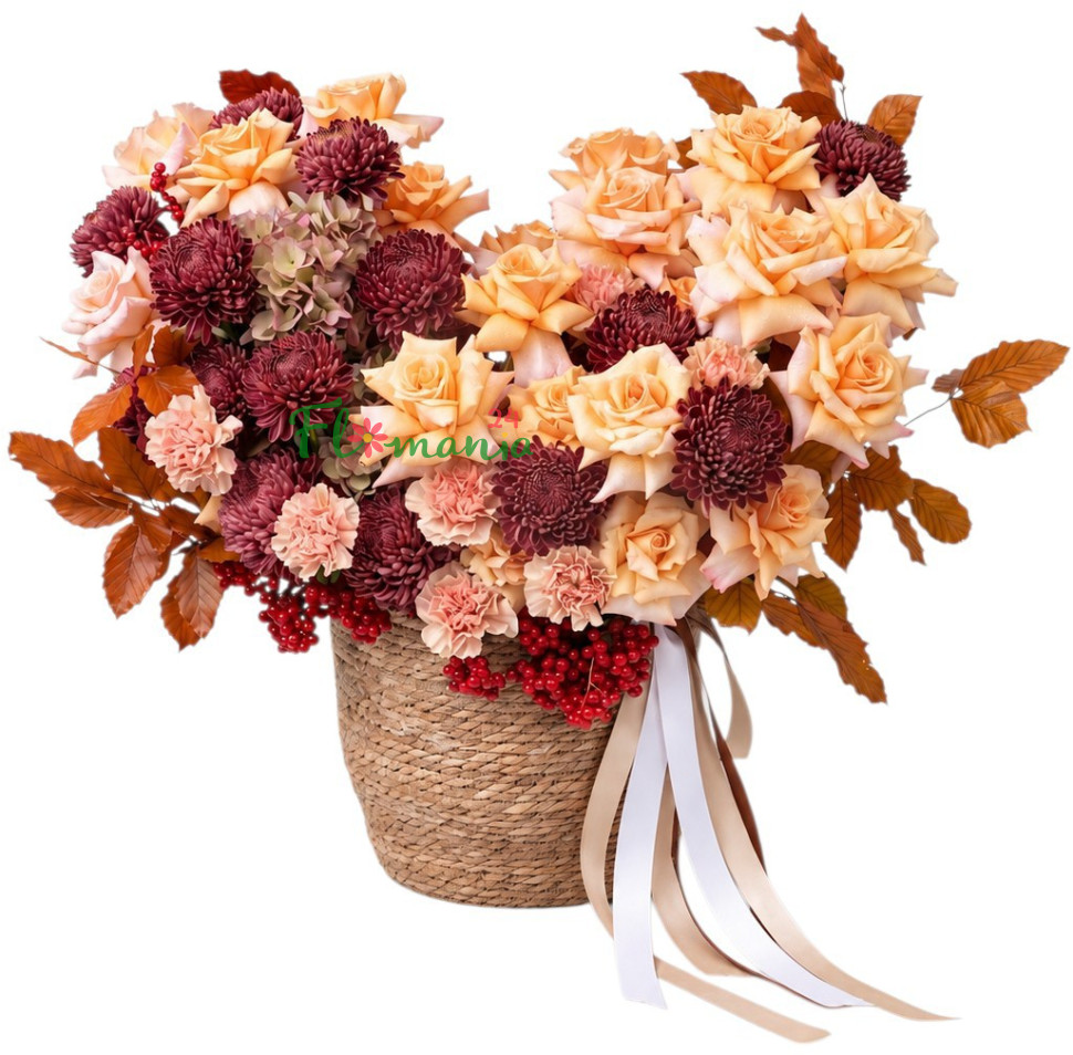 Композиция из роз, хризантем и гвоздик «Карамельный закат»